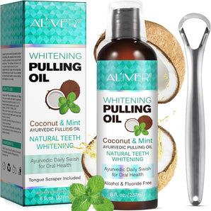 Coconut/mint oil mouthwash with tongue scraper